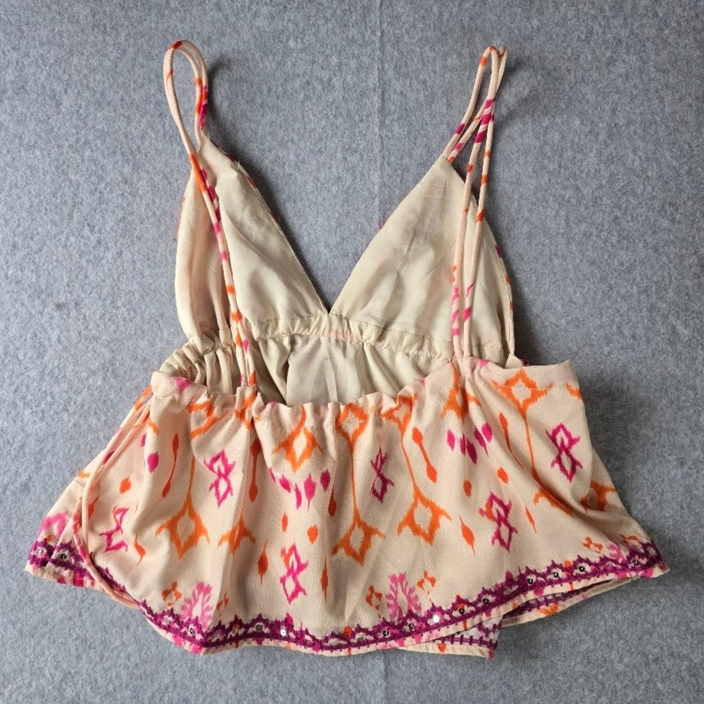 Boho Ikat‎ Print Cami Top Women XS Pink Orange Sequin Tassel Festival Babydoll - Picture 9 of 12